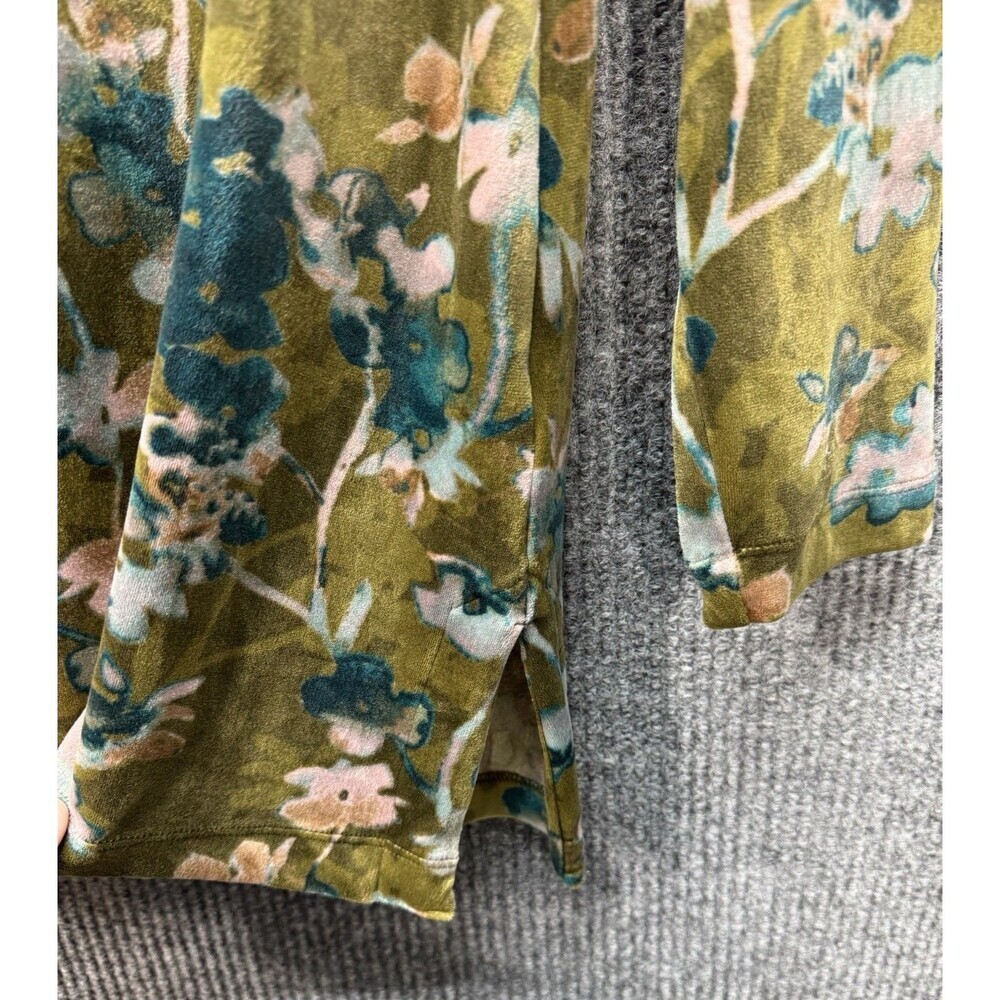 J. Jill Pure Jill Tunic Top Medium Green Floral Velour Velvet V Neck Long Sleeve - Picture 3 of 9